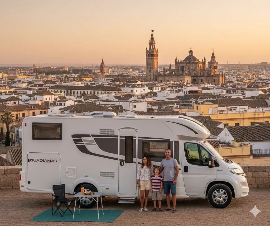 Autocaravana de alquiler estacionada con vistas a la Giralda de Sevilla, ideal para turismo itinerante.