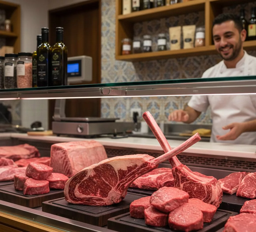 El estándar de las carnes premium en el Porvenir: Ciencia, origen y gastronomía 7 Mostrador de carnes premium en el barrio del Porvenir con cortes de ternera madurada.