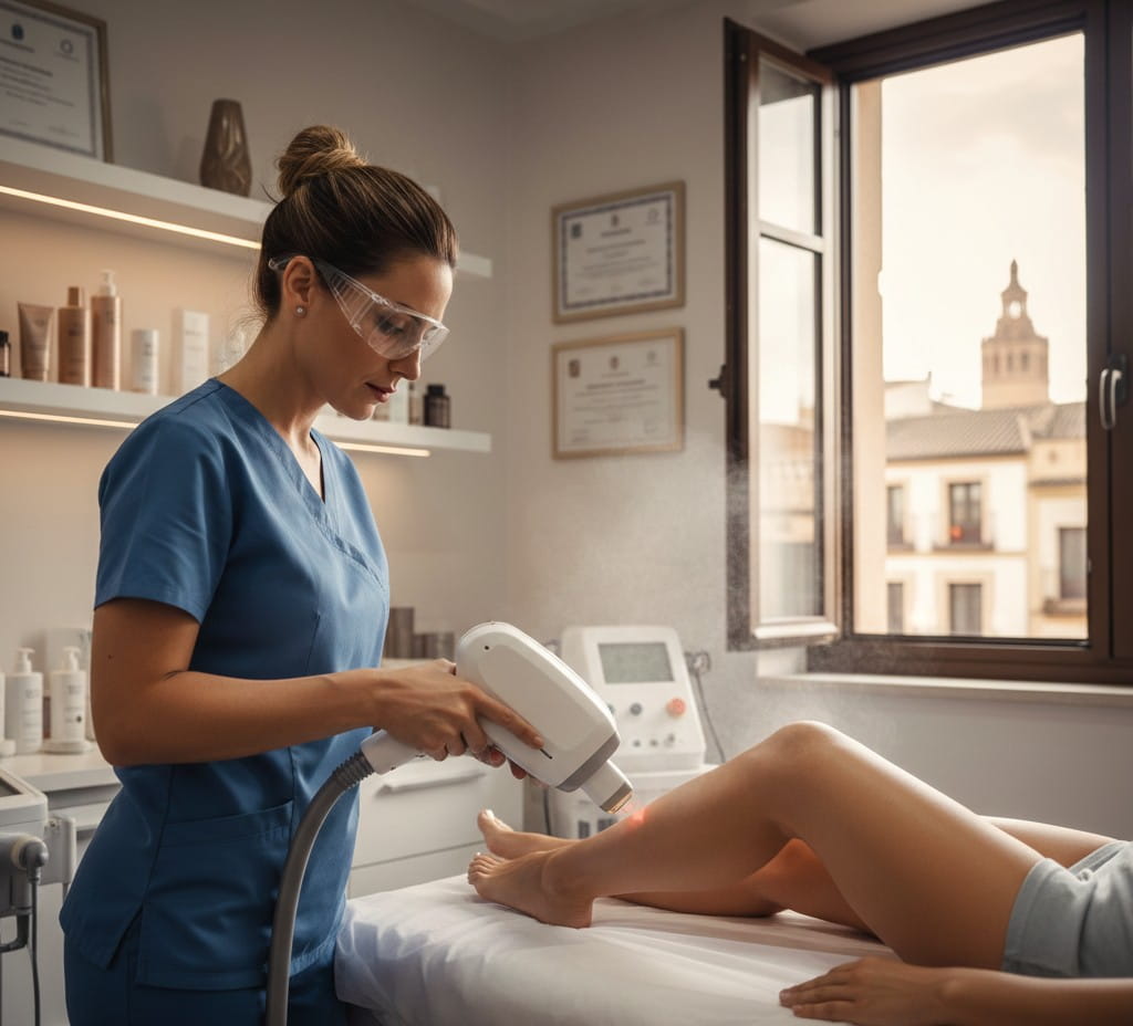 Guía integral sobre la depilación láser en Sevilla: Ciencia, tecnología y resultados 5 Especialista realizando un tratamiento de depilación médica láser en Sevilla utilizando tecnología avanzada en una clínica estética profesional.