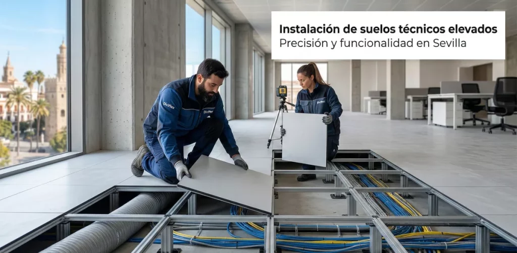 Criterios técnicos y funcionales para la implementación de suelos técnicos en Sevilla 3 Operarios realizando la instalación de suelos técnicos en un edificio de oficinas en Sevilla.