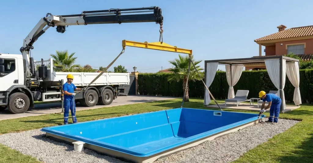 Piscinas de Poliéster: La elección inteligente para un oasis en su hogar 4 Instalación eficiente de una piscina de poliéster en un jardín, destacando la rapidez del proceso y el acabado de calidad.