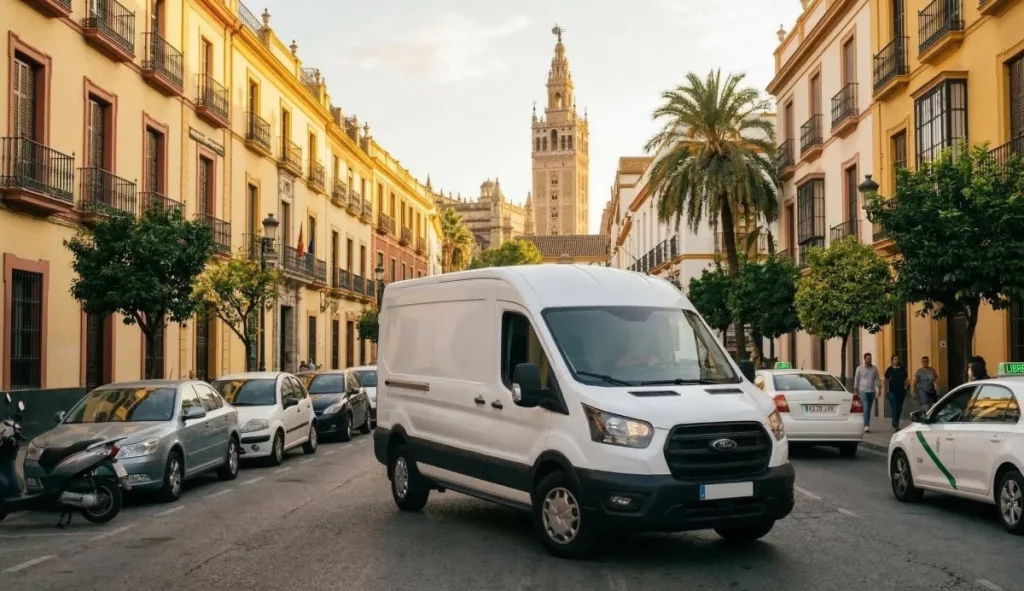 Furgoneta de carga blanca estacionada en una zona industrial de Sevilla para transporte de mercancías por días.