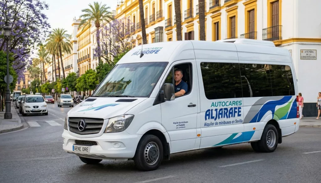 Guía técnica sobre el alquiler de minibuses en Sevilla para grupos reducidos 8 Minibús moderno de Autocares Aljarafe realizando un servicio de transporte en el centro de Sevilla.