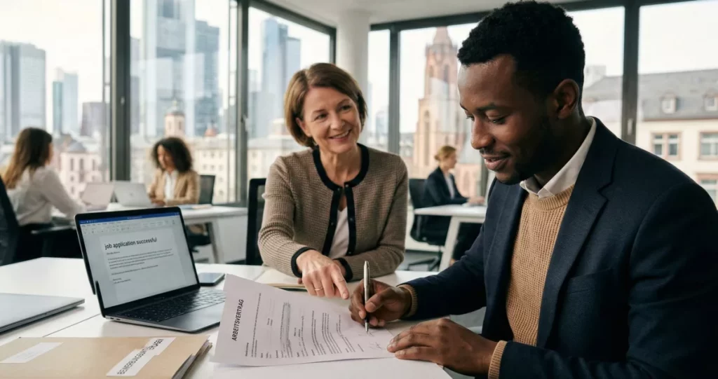Cómo encontrar trabajo en Alemania: Requisitos y pasos legales 2 Persona firmando un contrato de trabajo en Alemania en una oficina moderna con documentos legales.