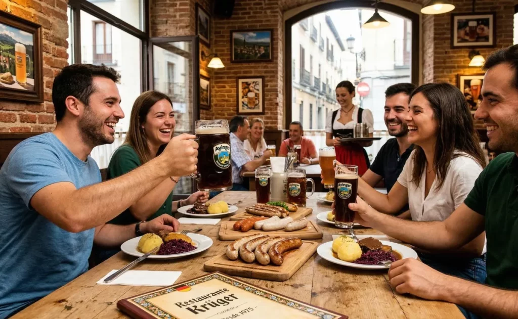 Guía técnica para descubrir la autenticidad de un restaurante alemán en Madrid: mucho más que codillo y cerveza 2 Una mesa servida con codillo asado, salchichas alemanas y jarras de cerveza en un acogedor restaurante alemán en Madrid.