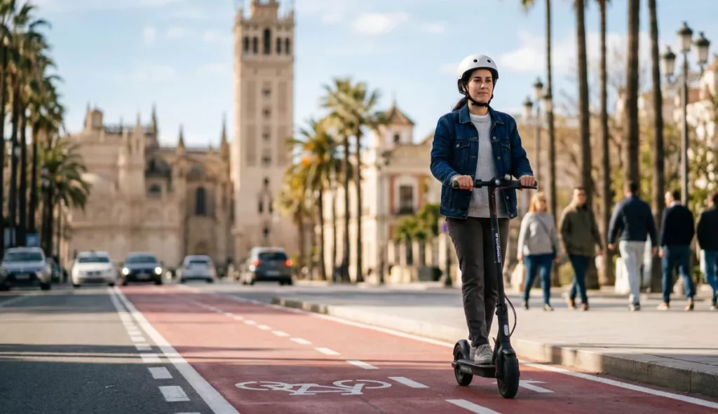 La nueva movilidad urbana y su protección: Análisis de los seguros de patinete en Sevilla 10 Usuario conduciendo un patinete eléctrico por un carril bici en Sevilla con casco y chaleco.