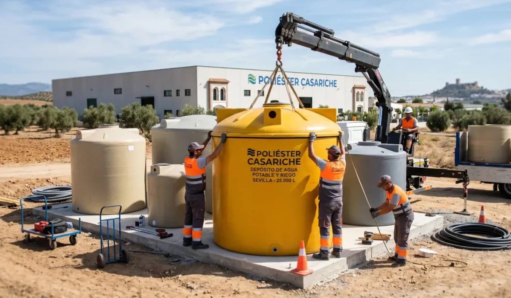 Ingeniería de Almacenamiento: El rol fundamental de los depósitos de poliéster en Sevilla 7 Interior de un gran almacén de suministros industriales de Poliéster Casariche en Sevilla, mostrando estanterías con material profesional y dos técnicos consultando un catálogo.