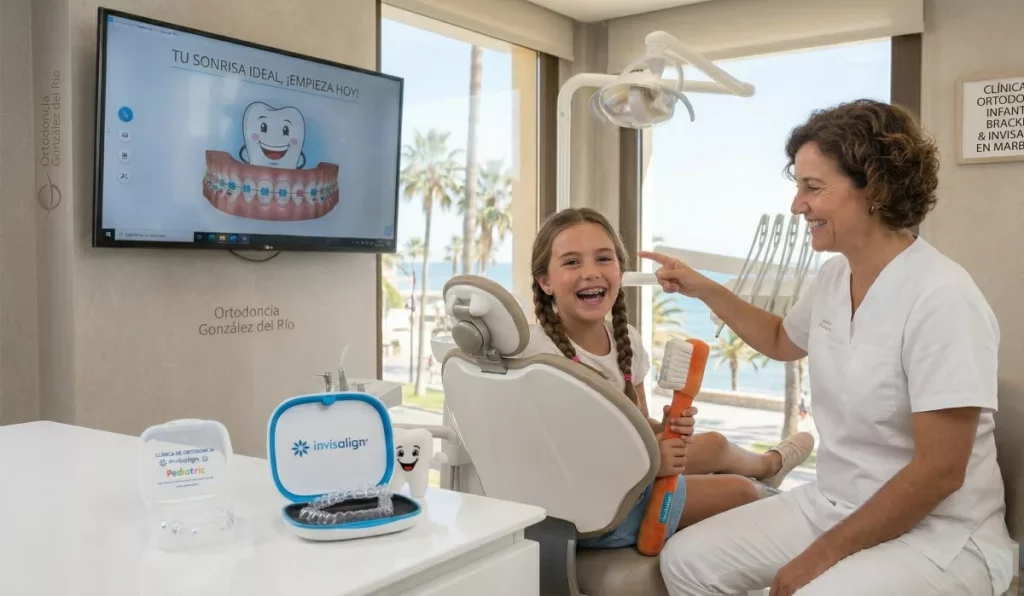 Un niño sonriendo felizmente en una clínica de ortodoncia infantil en Marbella, con un ortodoncista y un padre a su lado.