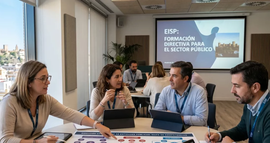 La imperante necesidad de los cursos especializados para gestores públicos 8 Un grupo de gestores públicos colabora en un taller analizando una infografía sobre 'DIRECCIÓN ESTRATÉGICA DE ENTIDADES PÚBLICAS' durante un curso