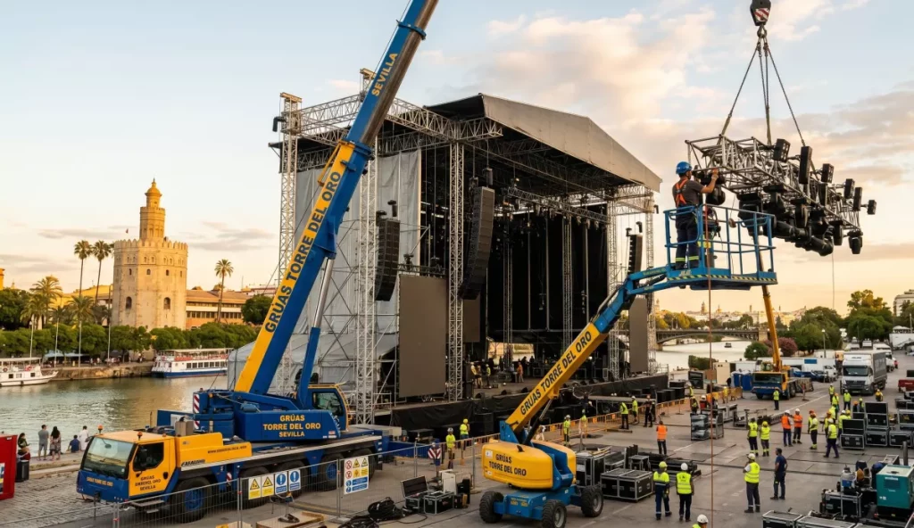 Operación de alquiler de maquinaria para eventos en Sevilla durante el montaje de un escenario principal.