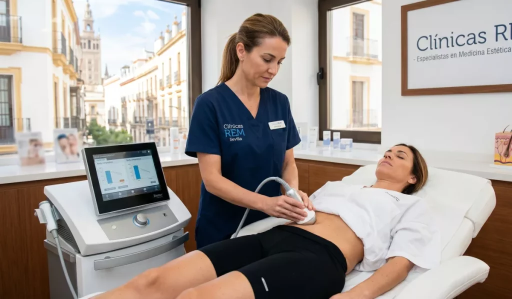 Especialista sanitario realizando un diagnóstico del tejido subcutáneo y la composición corporal de un paciente en una consulta médica.