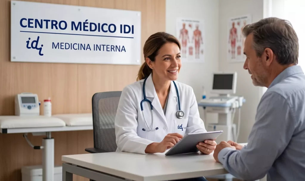 Especialista en medicina interna revisando el historial de un paciente en Centro Médico Idi en Sevilla.