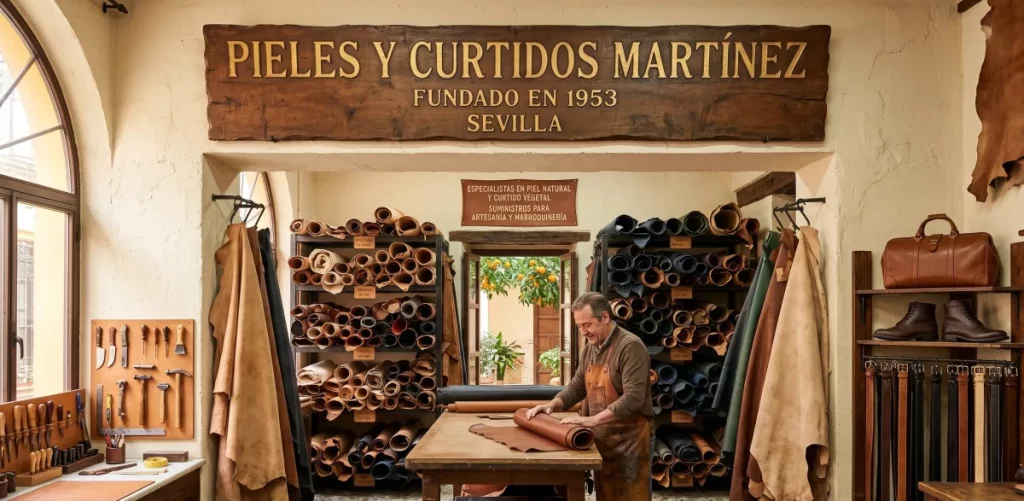 Proveedores de Pieles en Huelva: Calidad y Tradición para tus Proyectos Artesanales 5 Artesano marroquinero seleccionando una pieza de cuero de curtición vegetal en el almacén de Pieles y Curtidos Martínez en Huelva.