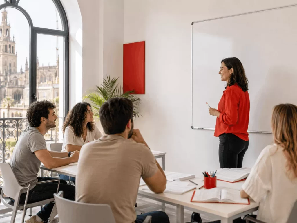Clase de inglés para adultos en una escuela de idiomas en Sevilla