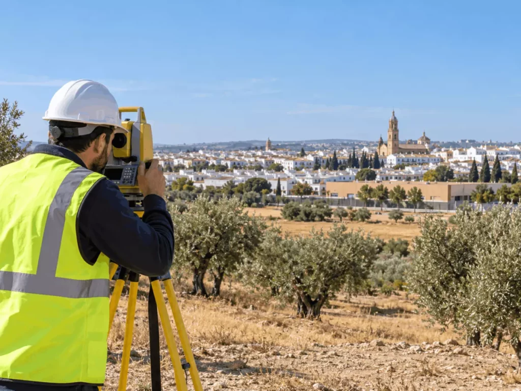 Topografía en Dos Hermanas: cuándo una medición precisa evita problemas en parcelas y obras 64 Topógrafo realizando mediciones en Dos Hermanas