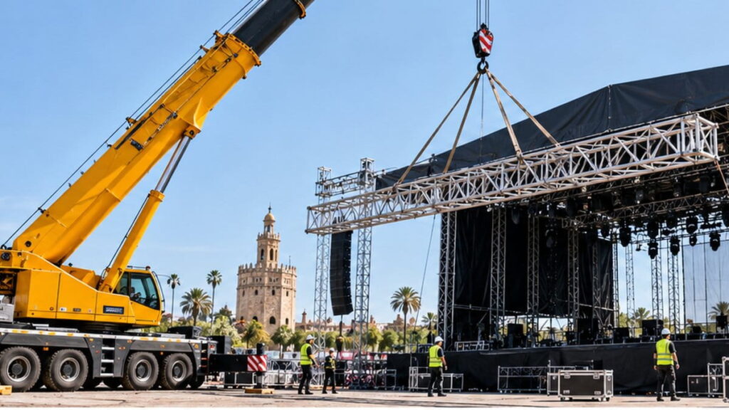 Alquiler de grúas para eventos en Sevilla: cómo planificar el montaje de escenarios, carpas y estructuras 1 Grúa móvil amarilla elevando una estructura metálica durante el montaje de un escenario para conciertos.